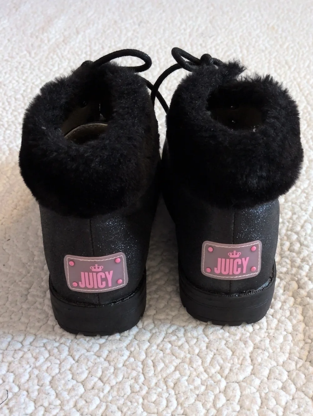 Juicy Couture Lace Up Sparkle Faux Fur Ankle Boots Gorpcore Feminine Whimsigoth